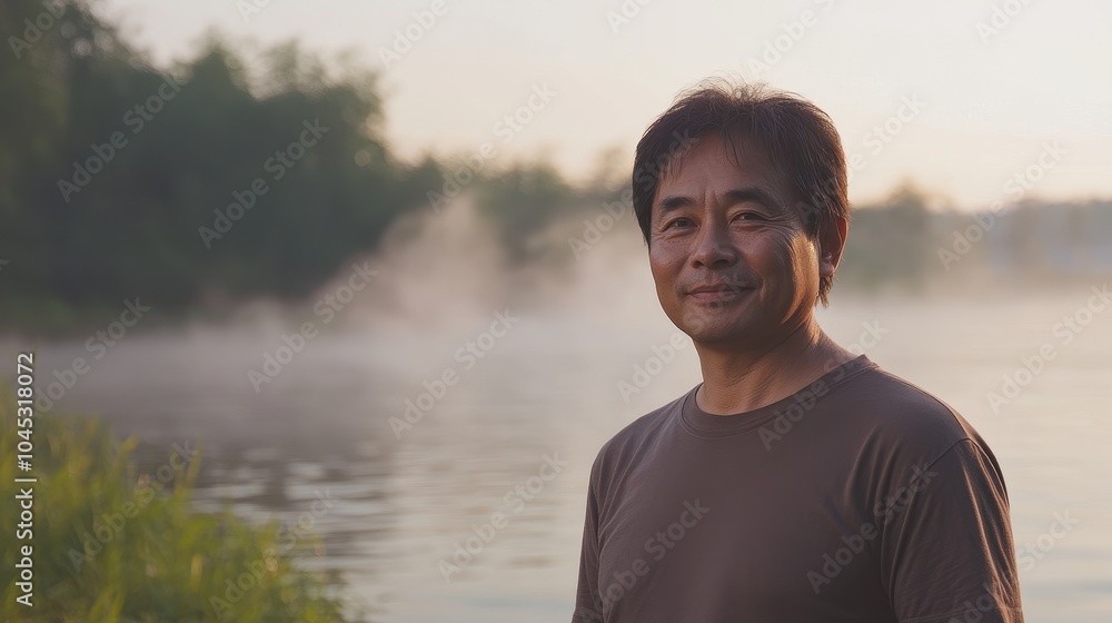 A middle-aged Asian man enjoys the serene early morning by the river, surrounded by mist A middle-aged Asian man enjoys the serene early morning by the river, surrounded by mist