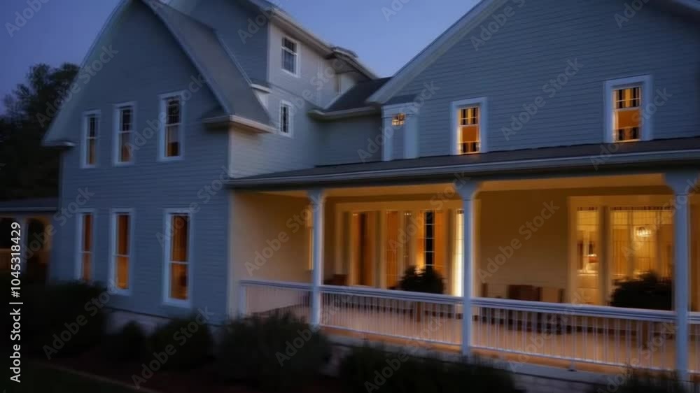 A stunning luxury farmhouse with light blue wooden siding and a wrap-around porch. As twilight falls, the soft, ambient lighting highlights the home’s white trim A stunning luxury farmhouse with light blue wooden siding and a wrap-around porch. As twilight falls, the soft, ambient lighting highlights the home’s white trim