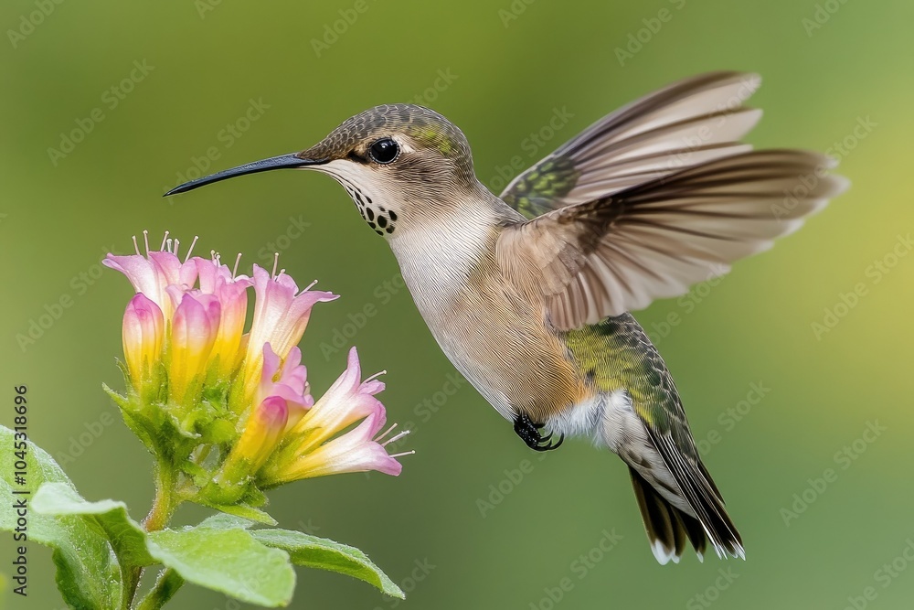 Fototapeta premium Slow-motion shot of a hummingbird hovering, wings a blur, as it drinks nectar from a flower, bright petals in sharp contrast with a soft, blurred background