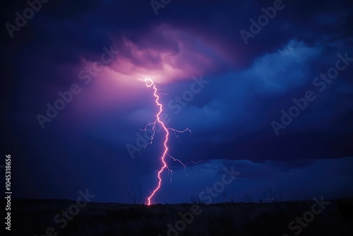 Slow-motion capture of a lightning bolt striking during a storm, illuminating the dark sky with vivid detail, showing the raw power of nature photo