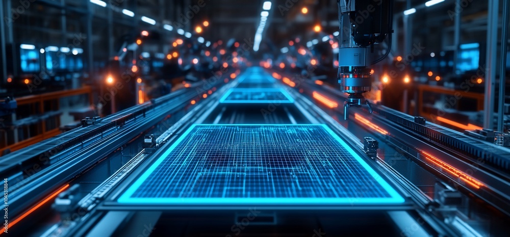 A robotic arm moves a blue glowing square screen down an automated assembly line. A robotic arm moves a blue glowing square screen down an automated assembly line.