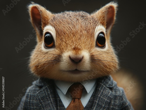 Close-up of an anthropomorphic squirrel in a tailored suit, emphasizing ambition and focus for startup culture and entrepreneurial themes. Detailed view of suit and squirrel. photo