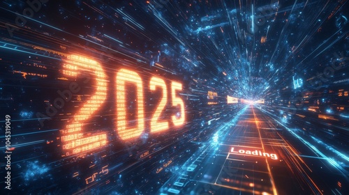 A dynamic and futuristic scene symbolizing the transition from the year2025. The setting is a digital space, with the numbers 