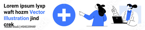 Healthcare concept with doctors in conversation and medical cross icon. Ideal for medical services, online health consultation, virtual doctor visits, telemedicine, healthcare support. Banner