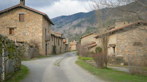 view of the rural village Os de Civ?s in the Catalan Pyrenees with the stone houses