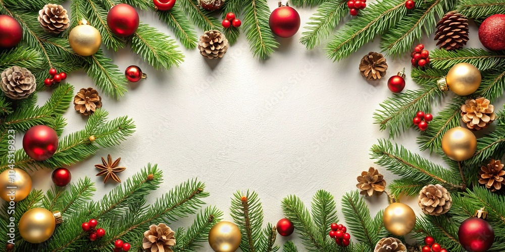 Christmas frame background with fir branches and decorations aerial view Christmas frame background with fir branches and decorations aerial view