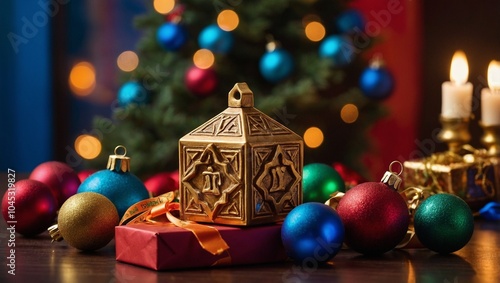 Close-up of dreidel and Christmas ornaments on a table, vibrant holiday colors
Beautifully decorated Christmas tree with a menorah glowing in the background
Christmas and Hanukkah gifts wrapped