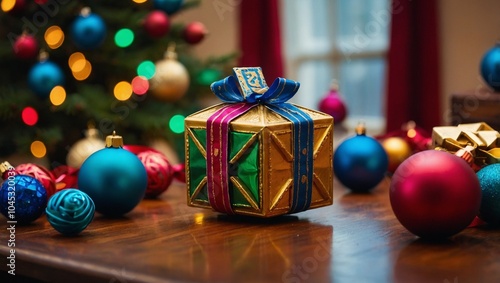 Close-up of dreidel and Christmas ornaments on a table, vibrant holiday colors
Beautifully decorated Christmas tree with a menorah glowing in the background
Christmas and Hanukkah gifts wrapped