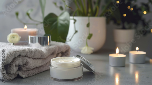 A luxurious jar of body cream placed next to soft towels and candles, promoting a relaxing skincare routine