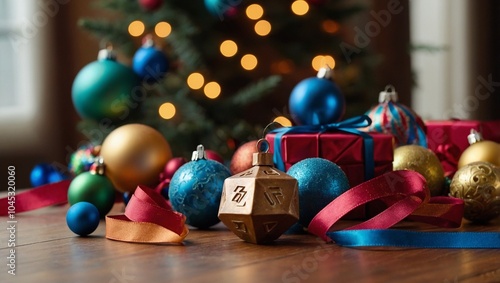 Close-up of dreidel and Christmas ornaments on a table, vibrant holiday colors
Beautifully decorated Christmas tree with a menorah glowing in the background
Christmas and Hanukkah gifts wrapped