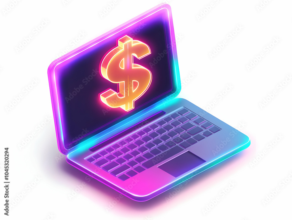 Flat Holographic Dollar Sign Above Glossy Laptop with Copy Space - Digital Finance and Online Transactions Vector Illustration, Smart Business Concept, Levitating Money Symbol on Holographic Backgroun Flat Holographic Dollar Sign Above Glossy Laptop with Copy Space - Digital Finance and Online Transactions Vector Illustration, Smart Business Concept, Levitating Money Symbol on Holographic Backgroun