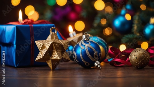 Close-up of dreidel and Christmas ornaments on a table, vibrant holiday colors
Beautifully decorated Christmas tree with a menorah glowing in the background
Christmas and Hanukkah gifts wrapped