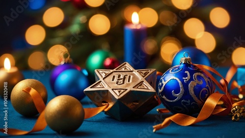 Close-up of dreidel and Christmas ornaments on a table, vibrant holiday colors
Beautifully decorated Christmas tree with a menorah glowing in the background
Christmas and Hanukkah gifts wrapped