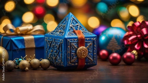 Close-up of dreidel and Christmas ornaments on a table, vibrant holiday colors
Beautifully decorated Christmas tree with a menorah glowing in the background
Christmas and Hanukkah gifts wrapped