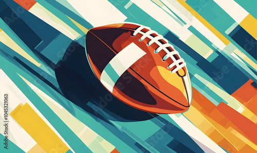 American Football, Bold Style: A vibrant, stylized illustration of an American football, rendered in a bold, dynamic style against a backdrop of abstract lines and color. Perfect for sports fans. photo