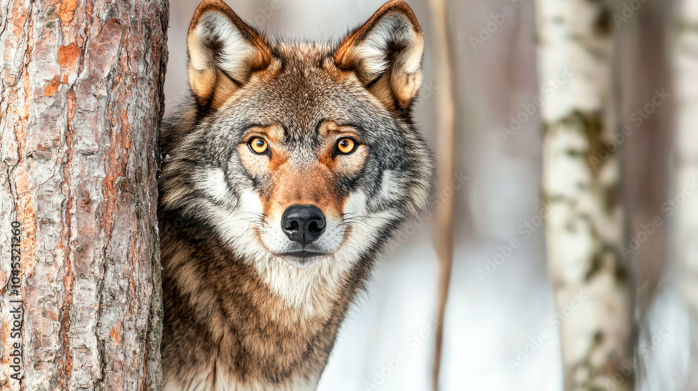 Fototapeta premium Wolf in a Snowy Forest Setting