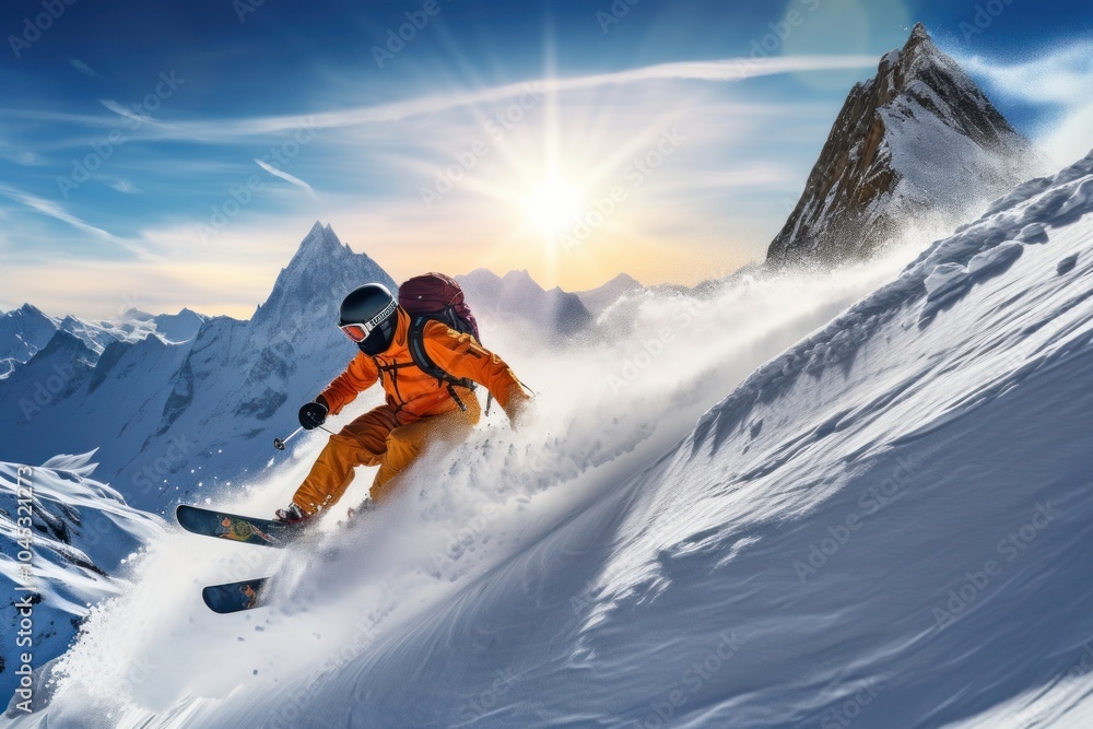 Skier in high mountains snowboarding recreation adventure. Skier in high mountains snowboarding recreation adventure.