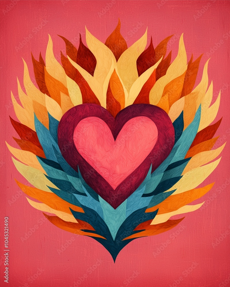 A vibrant heart surrounded by colorful flames, symbolizing passion and love against a warm pink background. A vibrant heart surrounded by colorful flames, symbolizing passion and love against a warm pink background.