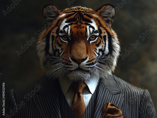 Close-up of an anthropomorphic tiger in a pinstripe suit, showcasing strength and determination for motivational content and sports branding. Detailed view of suit and tiger. photo