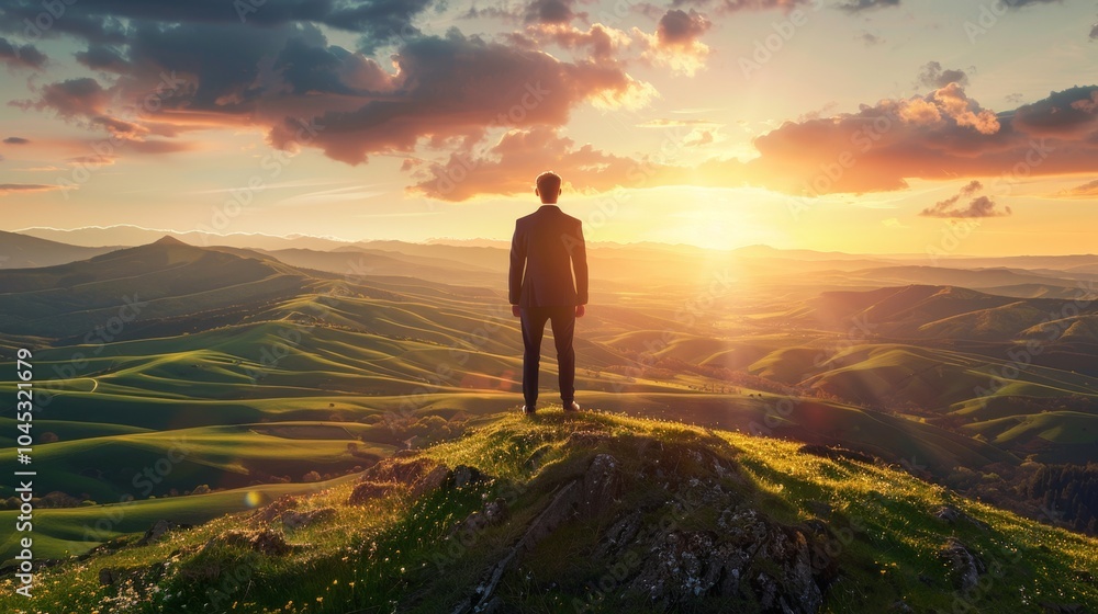 Concept of peace and tranquility, as the man takes in the breathtaking view Concept of peace and tranquility, as the man takes in the breathtaking view