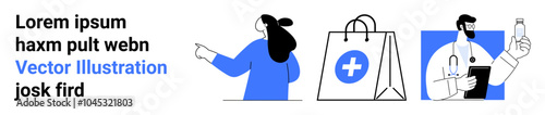 Person pointing to text, a shopping bag with a medical symbol, and a doctor with stethoscope and bottle. Ideal for healthcare, online shopping, medical services, telemedicine, and e-commerce. Banner