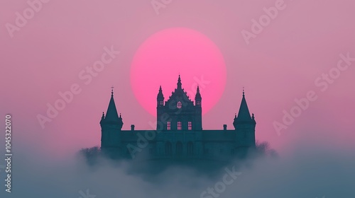 Wallpaper Mural Ethereal silhouette of a majestic castle against a vibrant pink sunset amidst mystical fog Torontodigital.ca