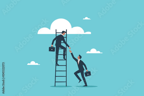 businessman coworker pulling his colleague to climb the ladder of success