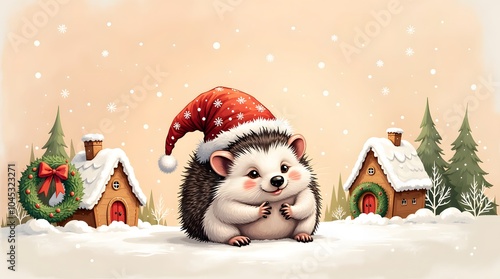 A cute hedgehog in a Santa hat enjoys a snowy Christmas village.