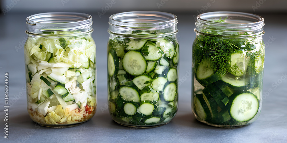 Three jars of pickles sit on a counter. The jars are filled with cucumbers and onions Three jars of pickles sit on a counter. The jars are filled with cucumbers and onions