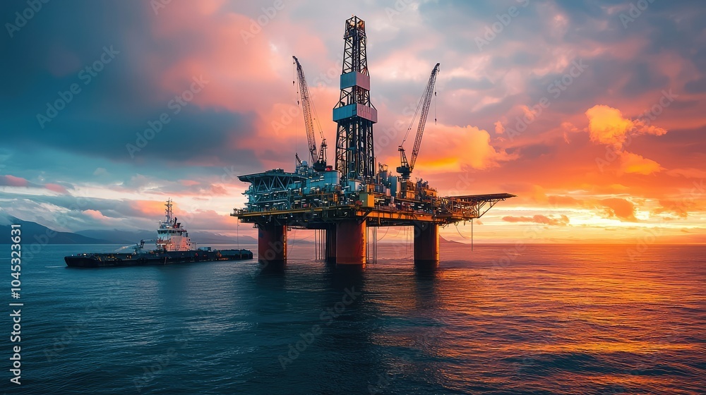 Sunset Over Oil Platform with Support Vessels Sunset Over Oil Platform with Support Vessels