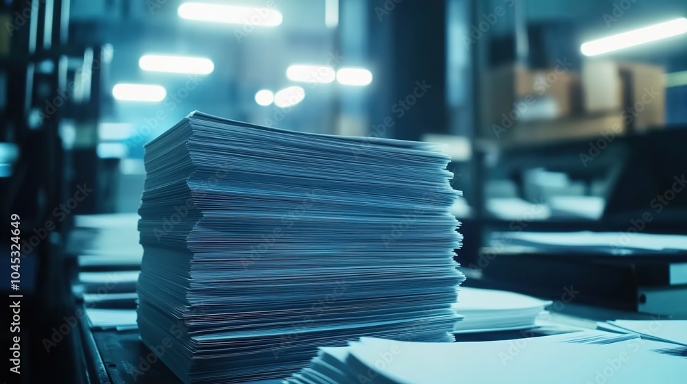 A stack of white paper is placed on the printing press A stack of white paper is placed on the printing press