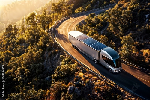 Solar Electric Truck. Futuristic semi truck with solar panels on trailer roof driving on mountain highway during golden sunset.