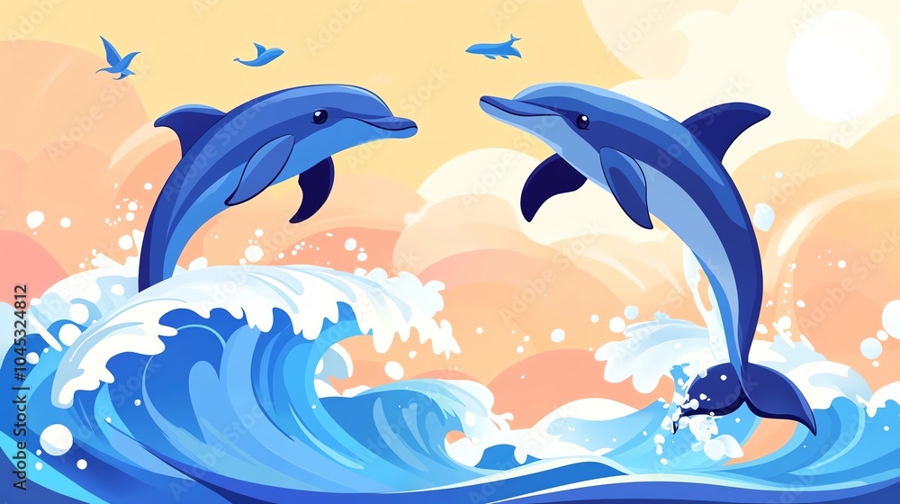 Fototapeta premium Two playful dolphins jumping over waves under a colorful sunset.