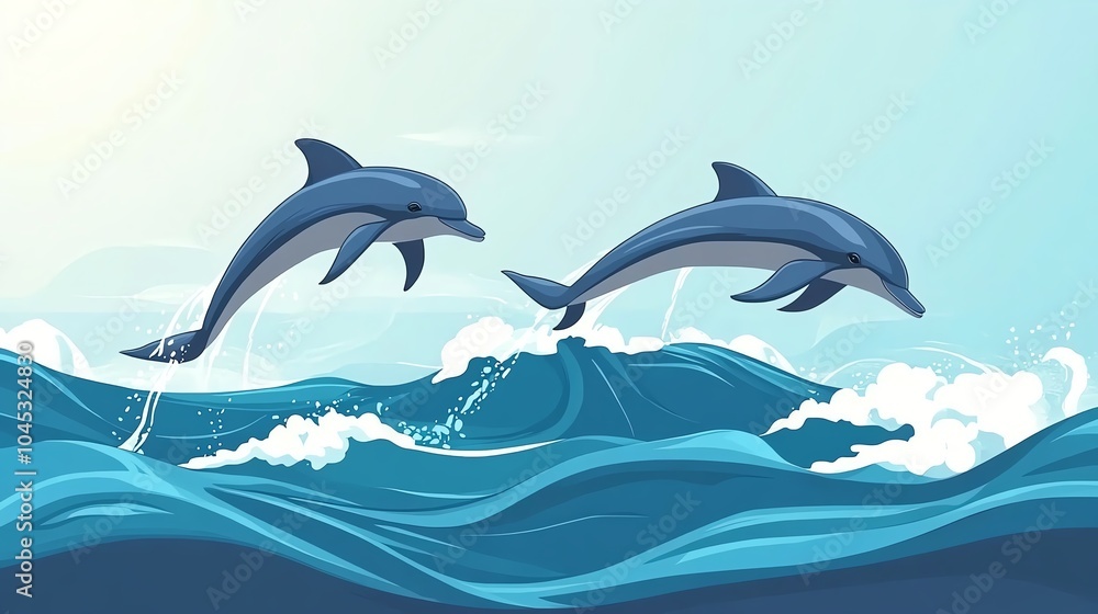Naklejka premium Two dolphins gracefully leaping through the waves under a clear blue sky.