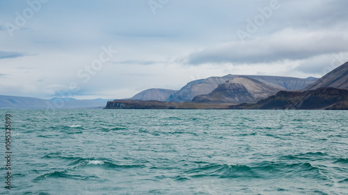 Majestic coastal view of Svalbard showcasing rugged mountains and serene waters