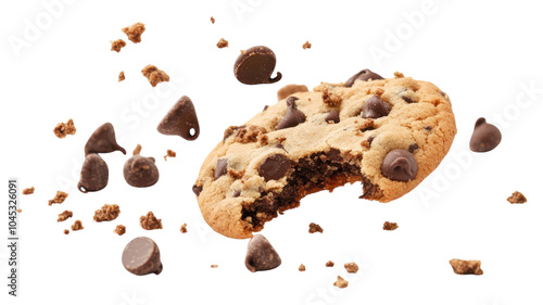 Chocolate chip cookie with a bite taken out, scattered chocolate chips, against a clear background.