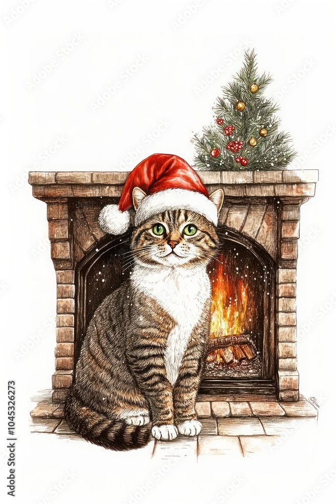 A cat wearing a Santa hat fireplace christmas illustration. A cat wearing a Santa hat fireplace christmas illustration.