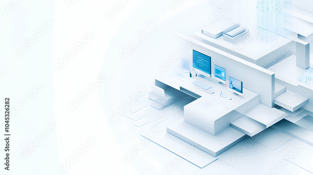 A white background with isometric illustrations of a modern office, including a desk, chair, and computer with subtle shadows and light blue accents A white background with isometric illustrations of a modern office, including a desk, chair, and computer with subtle shadows and light blue accents