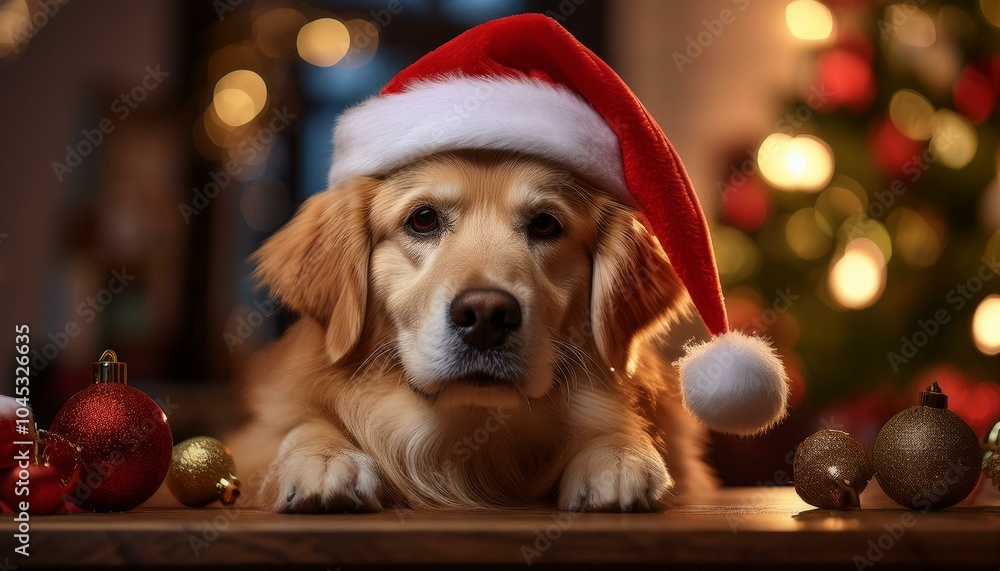 A cute and adorable golden retriever wearing a red Christmas hat surrounded by ornaments and xmas decorations; dog photography; holiday season and winter festivity; a cute dog wearing a Christmas hat A cute and adorable golden retriever wearing a red Christmas hat surrounded by ornaments and xmas decorations; dog photography; holiday season and winter festivity; a cute dog wearing a Christmas hat