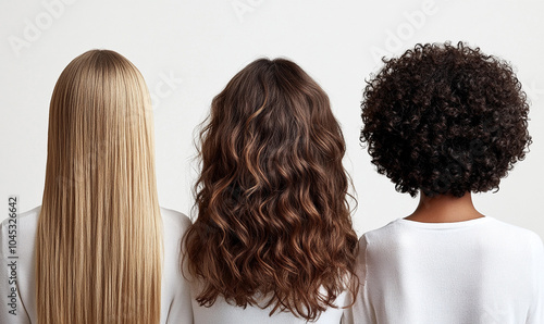 
Back view of three women with different hair. Photograph demonstrating that there are different types of hair.  photo