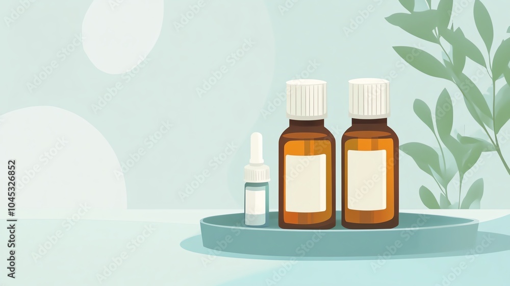 Essential oil bottles on a tray with greenery background, perfect for natural health and beauty themes. Essential oil bottles on a tray with greenery background, perfect for natural health and beauty themes.