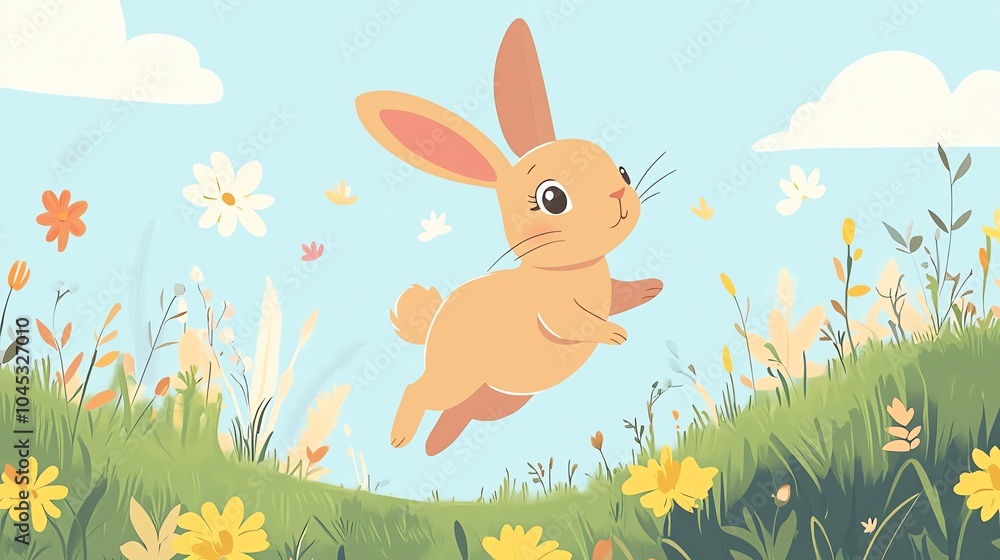 Cute rabbit hopping through a field of flowers, bright blue sky with clouds. Cute rabbit hopping through a field of flowers, bright blue sky with clouds.