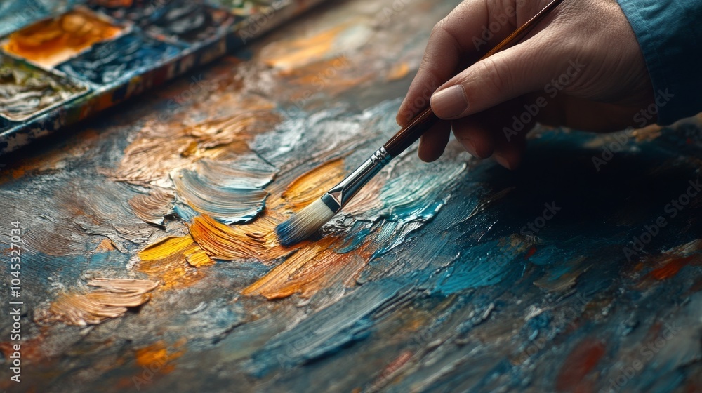 A person is painting a picture with a brush. The painting is a mix of blue and yellow colors A person is painting a picture with a brush. The painting is a mix of blue and yellow colors