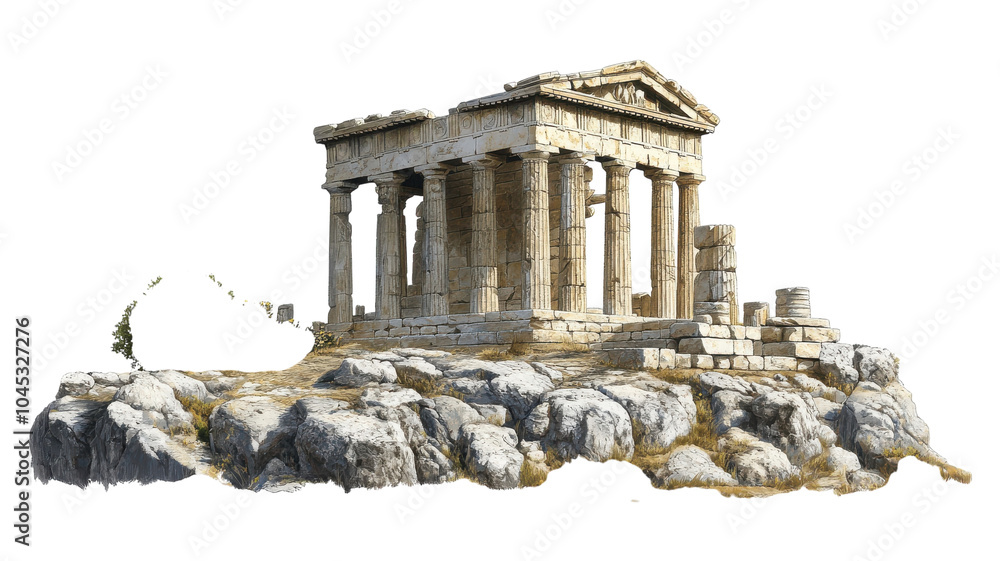 Obraz premium Ancient temple ruins on rocky terrain surrounded by natural landscape in an atmospheric location.