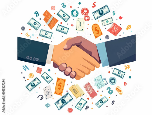 Flat Vector Handshake Dollar Signs Discount Tags Professional Illustration Business Deals Financial Partnerships Advertising Strategies