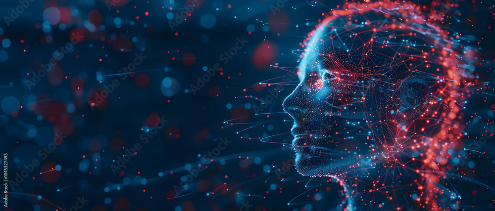 Artificial intelligence. Abstract human face on dark red and blue background, internet, network, Ai technology, artificial mind, cyborg security, digital innovation, big data concept Artificial intelligence. Abstract human face on dark red and blue background, internet, network, Ai technology, artificial mind, cyborg security, digital innovation, big data concept