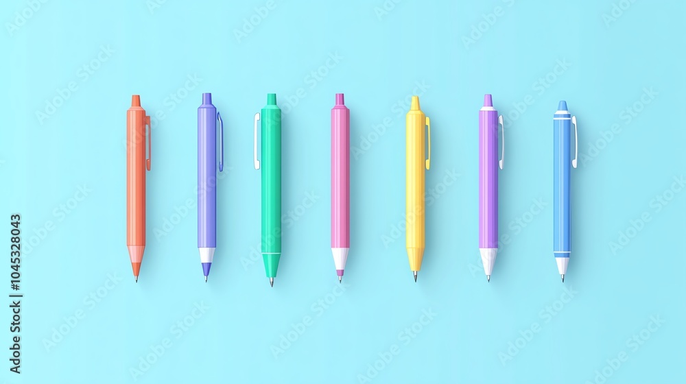 Colorful pens arranged in a row against a blue background, perfect for stationery or office themes. Colorful pens arranged in a row against a blue background, perfect for stationery or office themes.