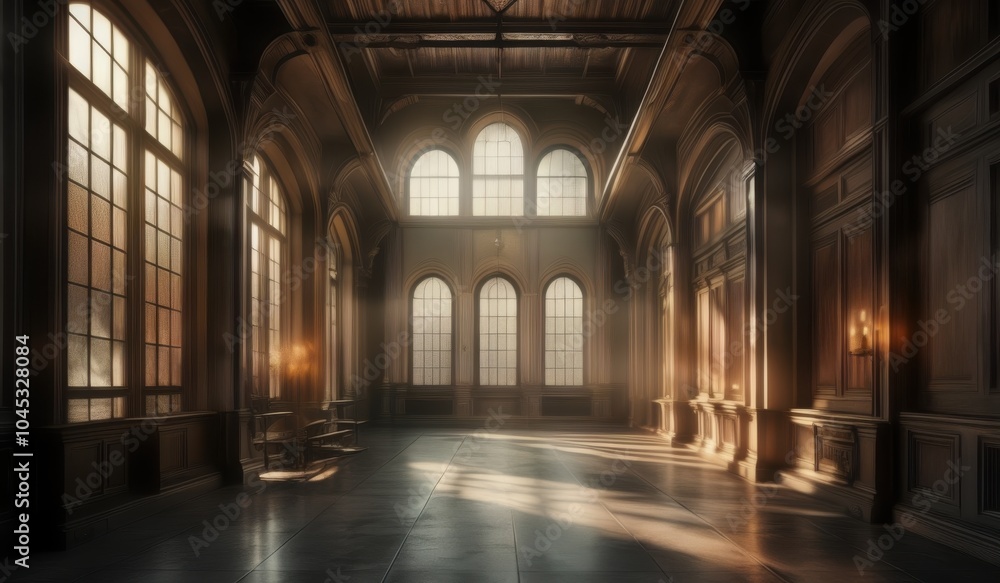 Fototapeta premium a long hallway with a bench and windows