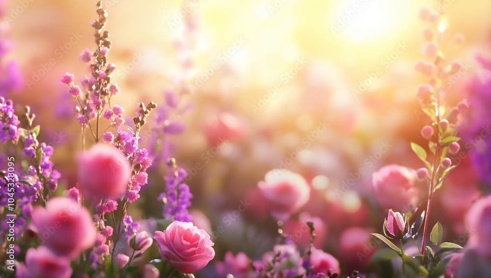 A vibrant field of blooming flowers illuminated by soft sunlight. A vibrant field of blooming flowers illuminated by soft sunlight.