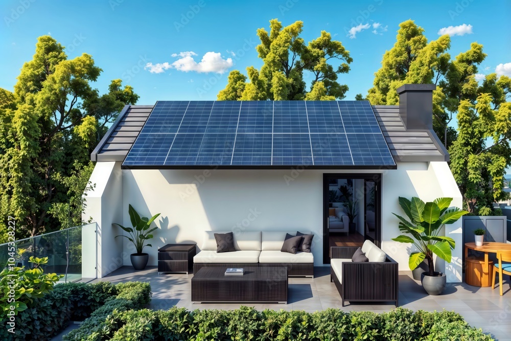 Modern house with solar panels. A modern house with solar panels on the roof and a furnished patio area.